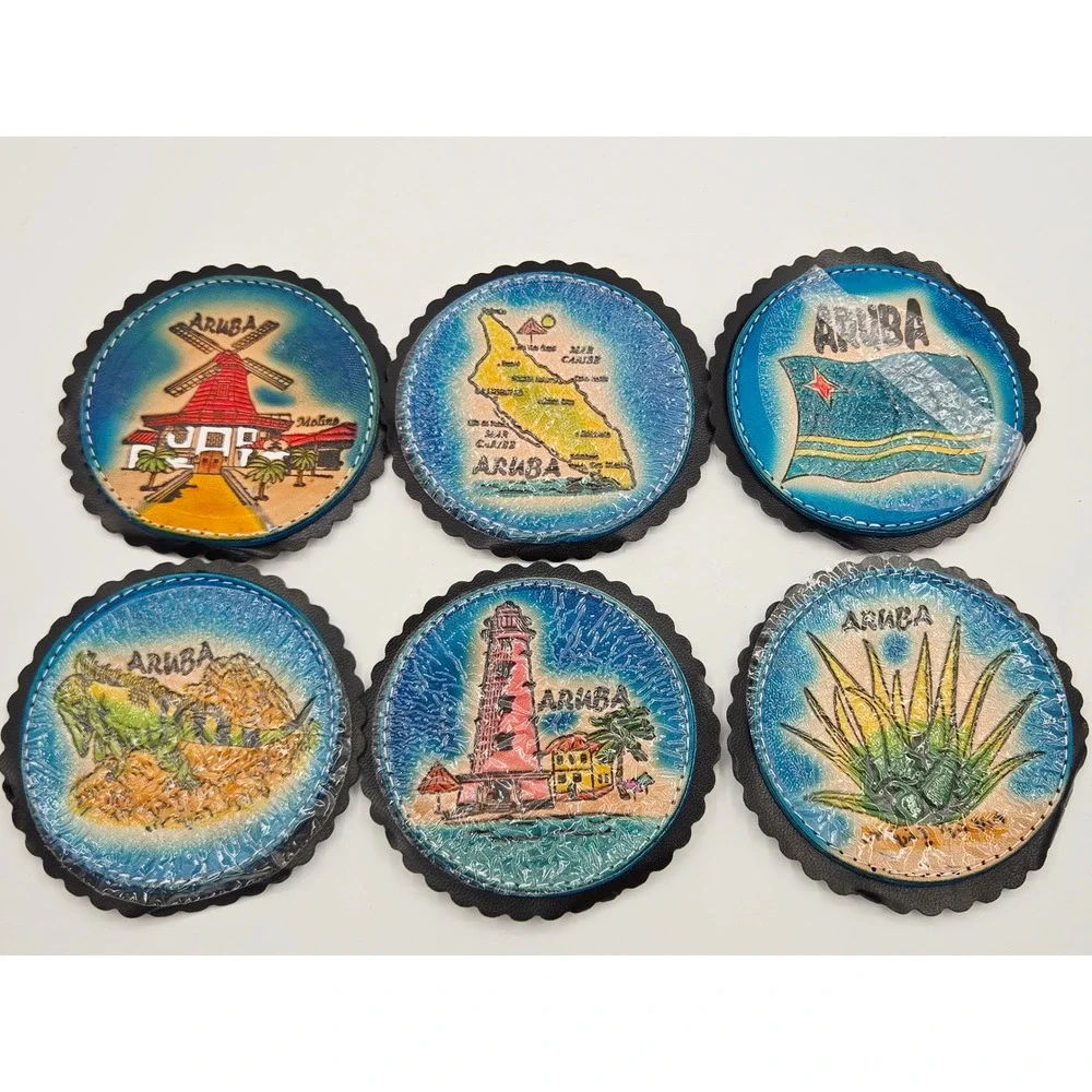 Leather Hand Painted ARUBA Coaster Set‎ 6 Coasters + Holder Souvenir Gift NEW